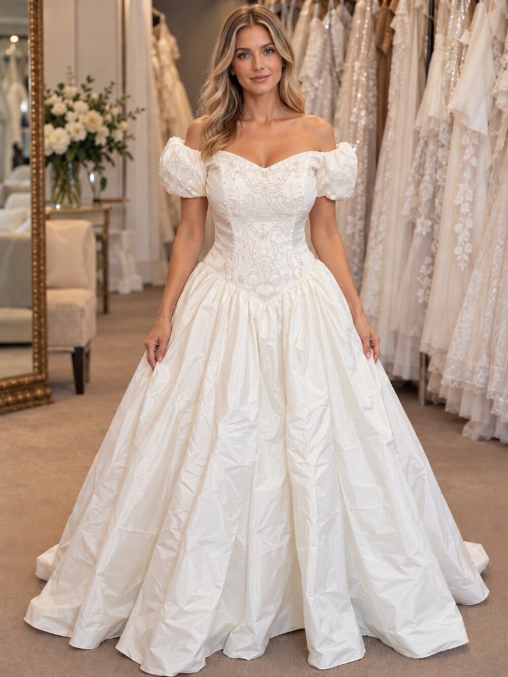 Vintage Montique Creations Size 6 Beaded Off-Shoulder Wedding Gown